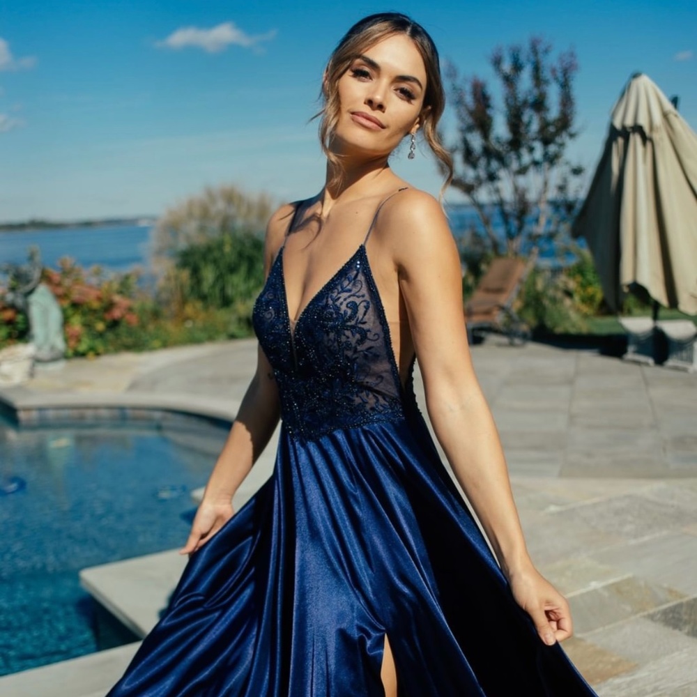 Faviana Sheer Blue Prom Dress